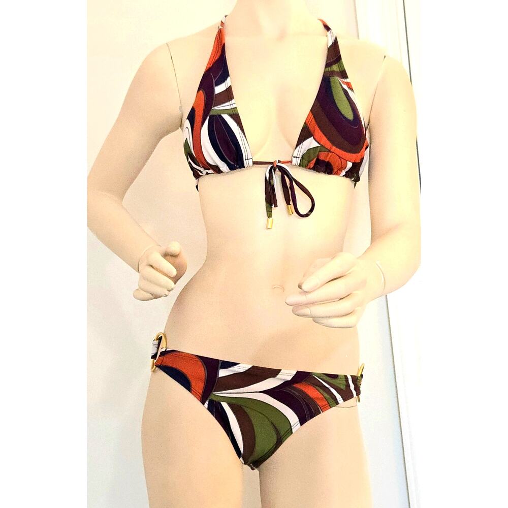 Y2K Vintage Quintsoul Retro Swirl Print Bikini Set Gold Ring T Strap Back M